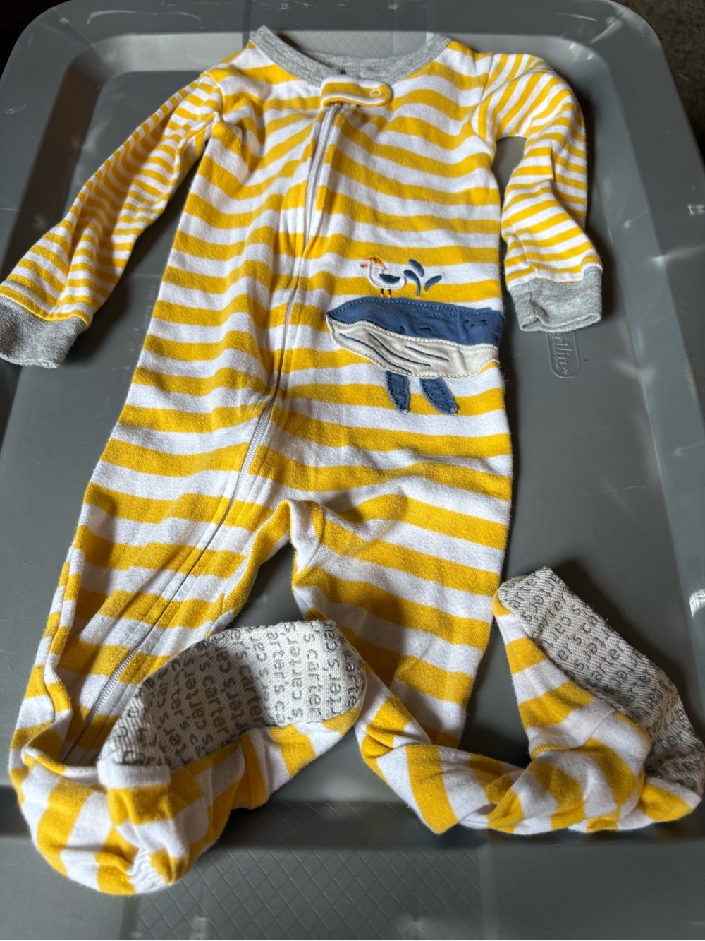 Carter's Yellow & White Striped Whale Footed Pajamas